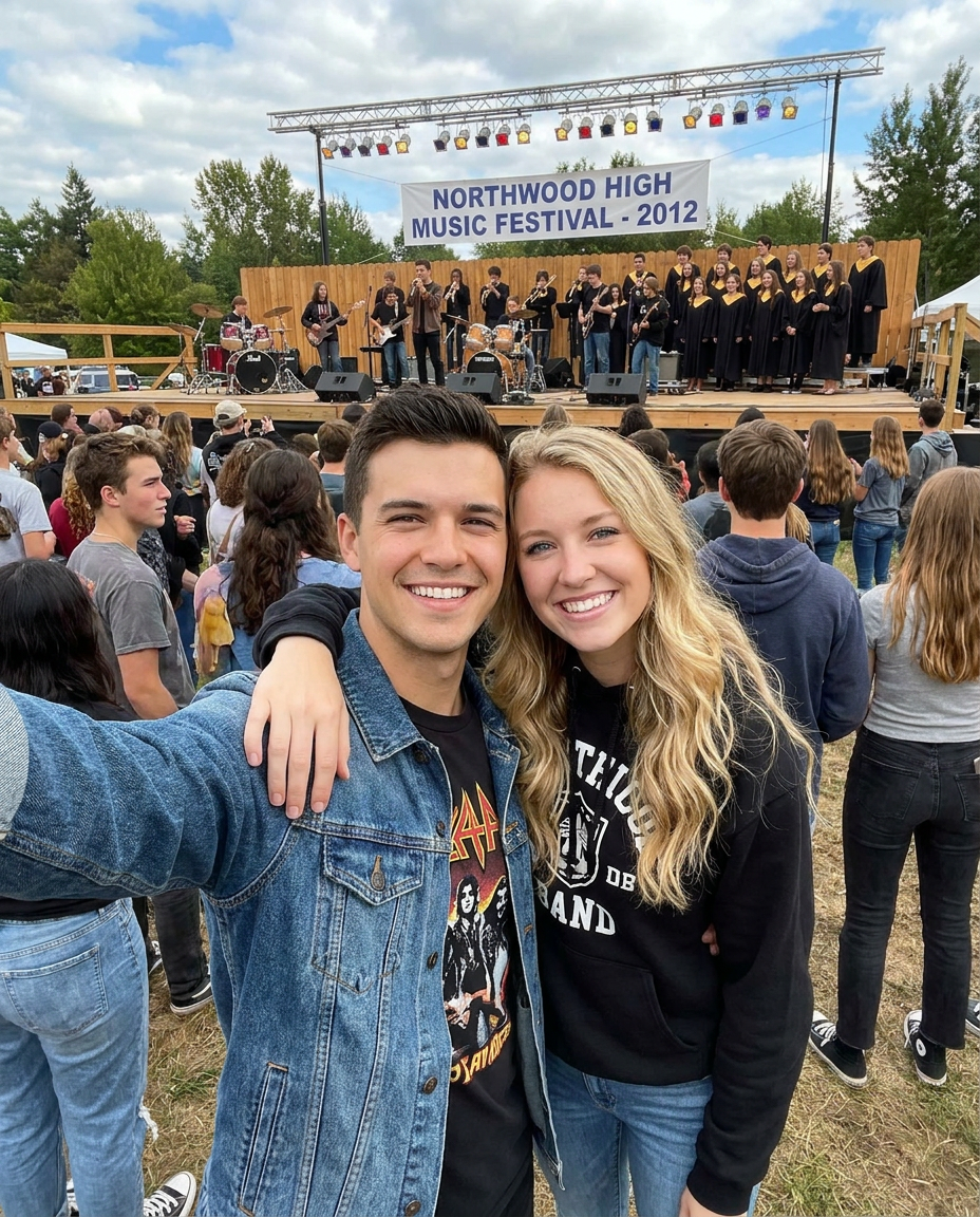 At a High School Music (Band with a choir behind them on a stage).